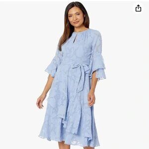 Tahari Arthur S. Levine Light Blue Floral Ruffle Sleeve Belted Midi Dress P7061